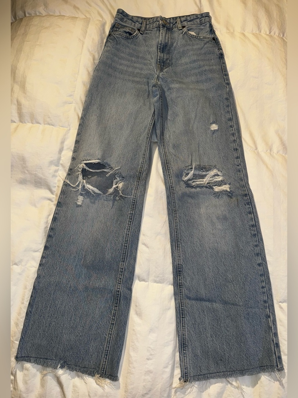 Zara Distressed Wide-Leg Jeans - Light Blue